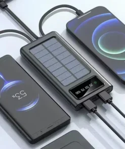 14,000mAh Fast Charging Solar Power Bank – 4 Built-in Cables, LED Display, Torch & Phone Holder